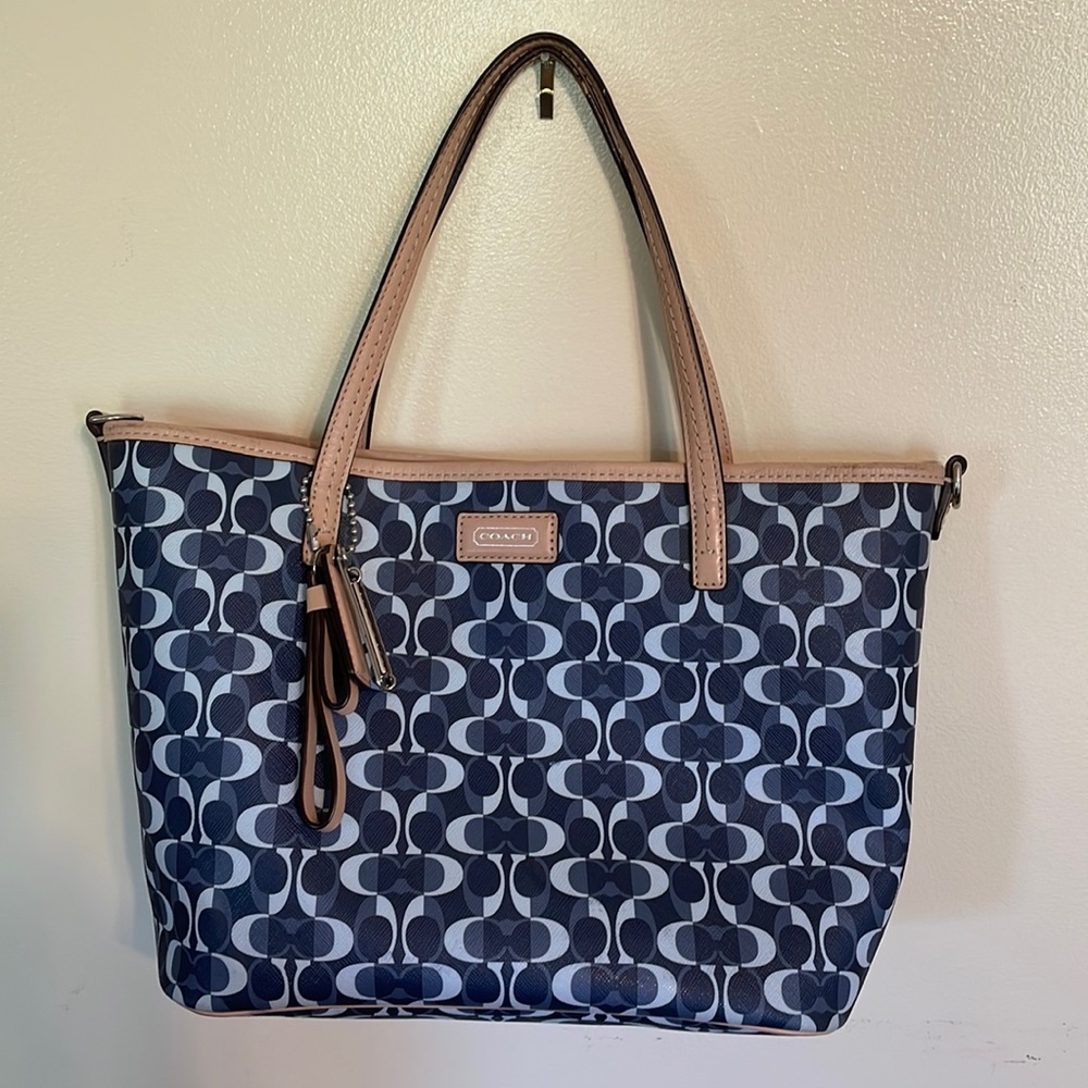 Coach purse blues and tan trim.